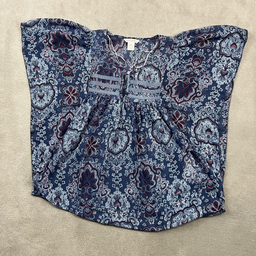 Fun & Flirt Top Small S Women Navy Paisley Boho Butterfly Sleeve Chiffon Blouse